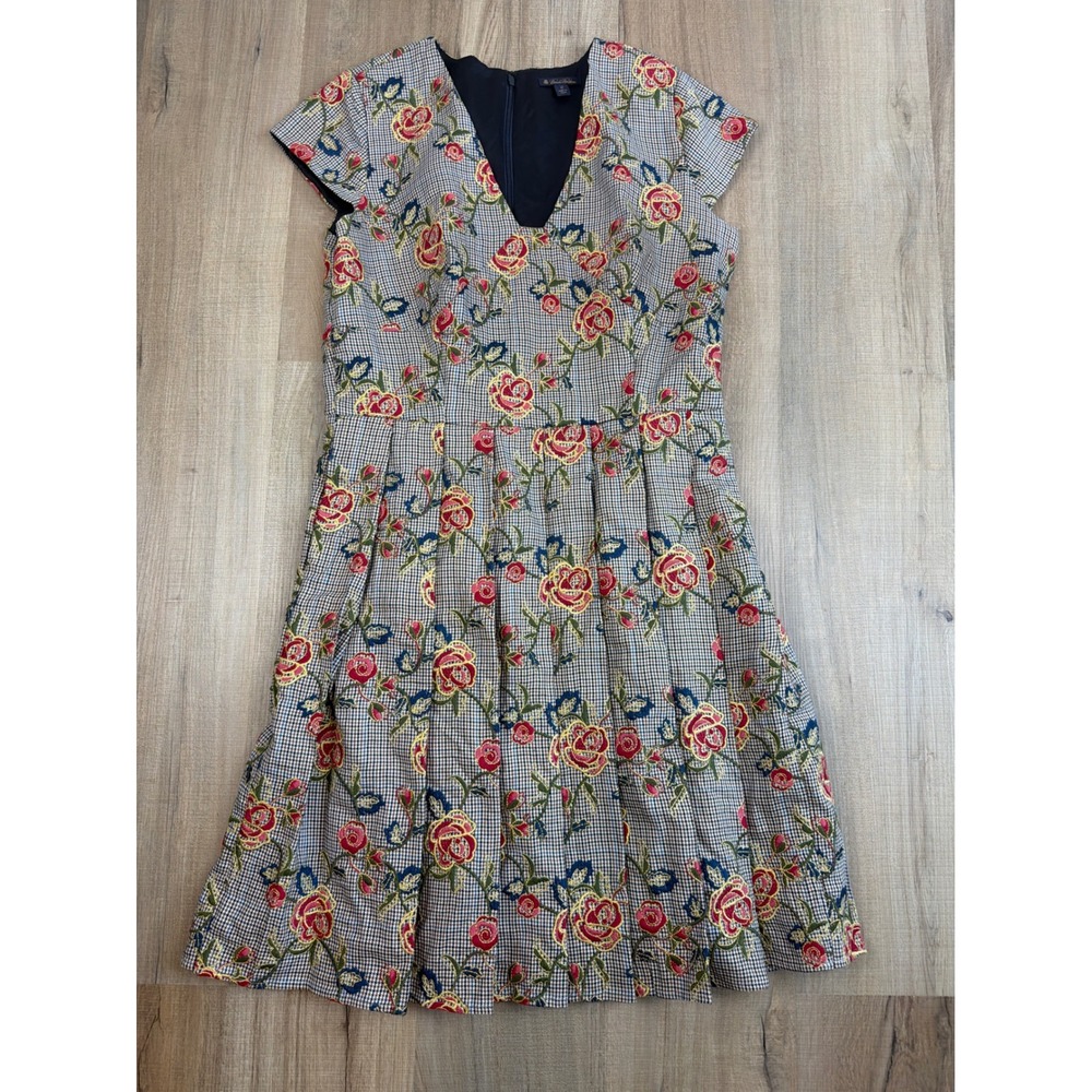 Brooks Brothers Floral Embroidered Houndstooth V-Neck Dress 12 Pockets Metallic